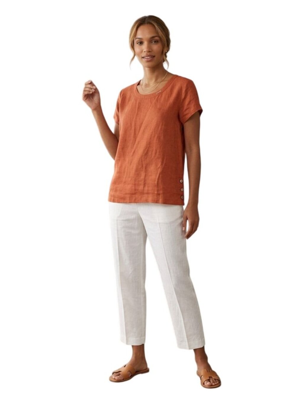 Cynthia Rowley Burnt Orange Linen Size Button Detail Short Sleeve Top Size M - Picture 4 of 6